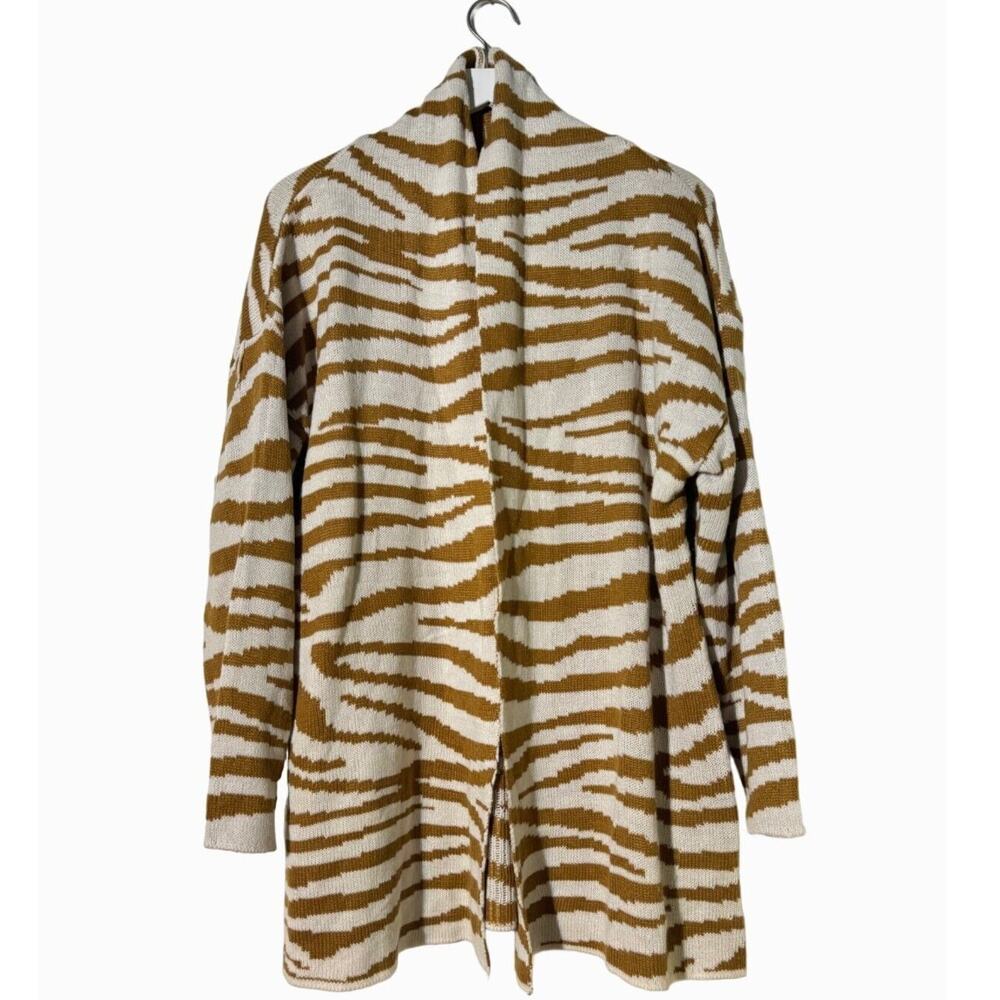 Evelyn Taylor Cardigan Womans 1X Zebra Print Open Front Longline Brown/White